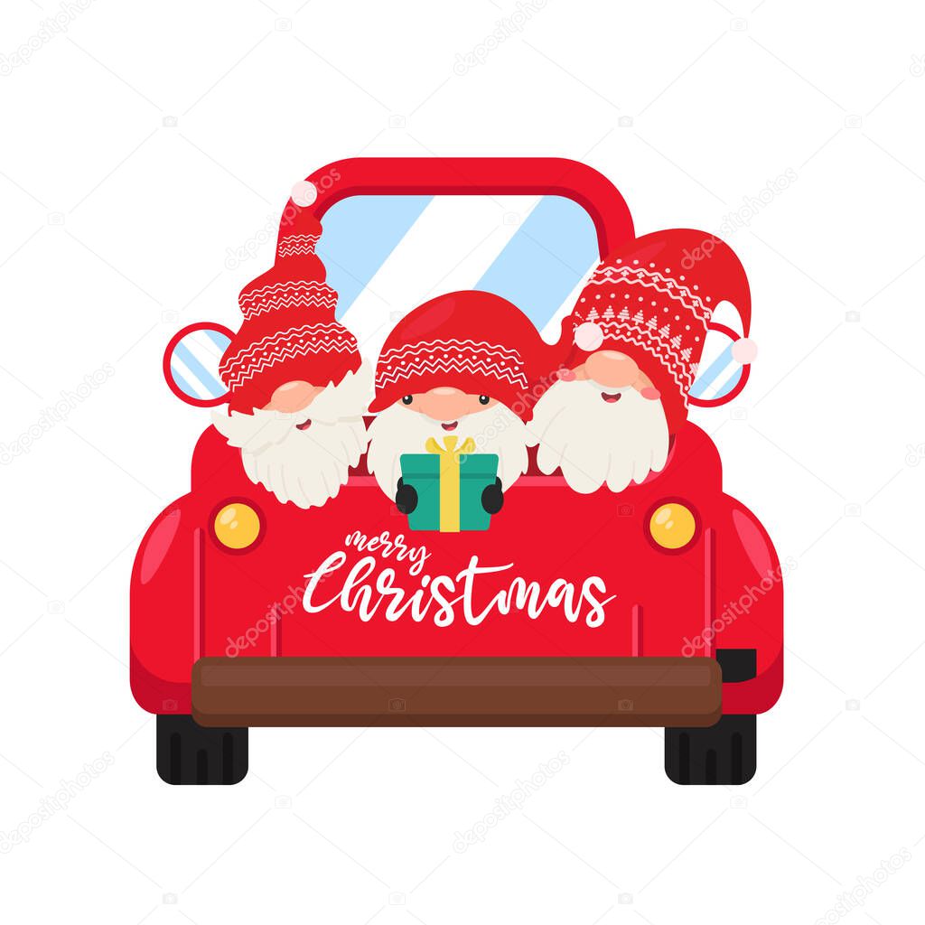 Dwarf gnomes wearing red hats hold gifts in the trunk To go to celebrate Christmas