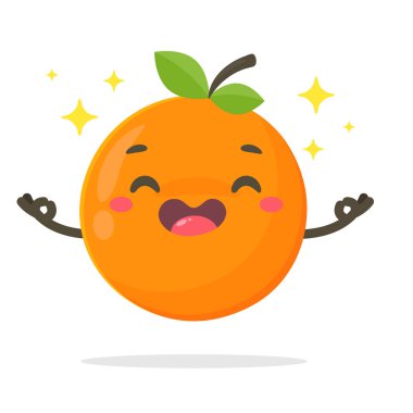 Üzerinde yeşil yapraklar olan turuncu çizgi film vektörü beyaz arka planda izole edilmiş sağlıklı meyve kavramı