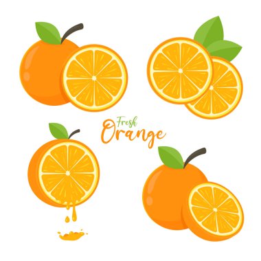 Turuncu meyve vektörü seti. Turuncu, yeşil yapraklı, sağlıklı meyve suyu için ikiye ayrılmış..