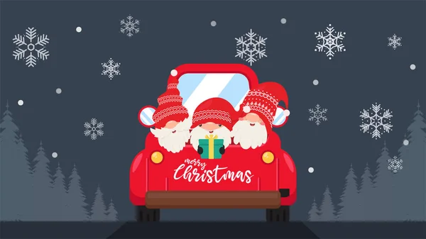 Zwergzwerge Mit Roten Hüten Halten Geschenke Kofferraum Weihnachten Winter Feiern — Stockvektor