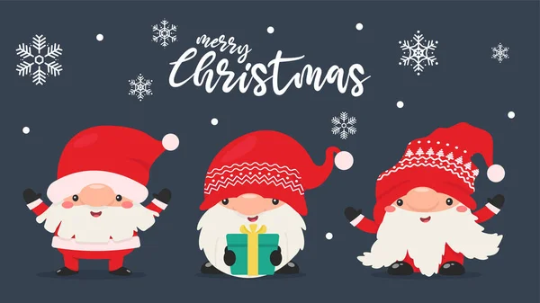 Gnomos Enanos Con Vestidos Rojos Sombreros Celebran Navidad Invierno Nevado — Vector de stock