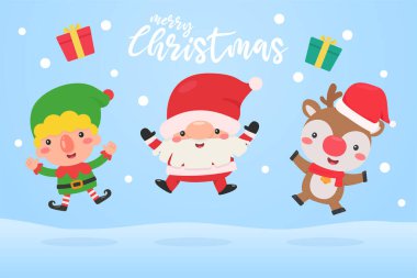Noel Baba, Elf ve Ren Geyiği Noel 'in kışında karda zıplıyorlar..