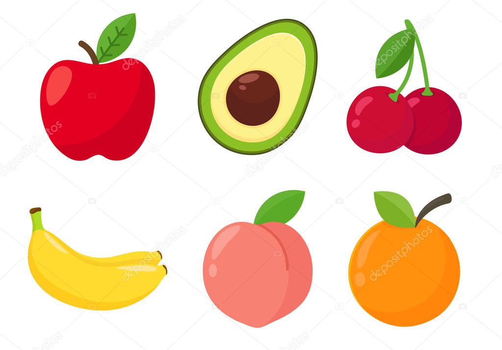 Vector cartoon healthy fruit oranges, peaches, avocado and strawberries Isolated on white background