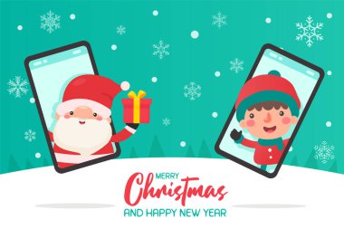 Noel Baba cep telefonundan çocuklara kış kıyafetleri içinde hediye kutuları yolluyor.