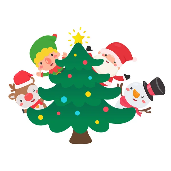 Santa Elf Renifer Bałwan Udekoruj Choinkę Kolorowe Kulki Boże Narodzenie — Wektor stockowy
