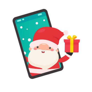 Çizgi film Noel Baba 'sı Noel günü cep telefonu ekranından bir hediye alıyor.