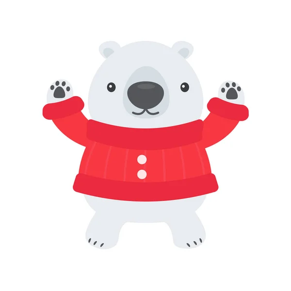 Cartoon Biały Niedźwiedź Czerwonym Swetrze Jest Szczęśliwy Zimowy Dzień Bożego — Wektor stockowy