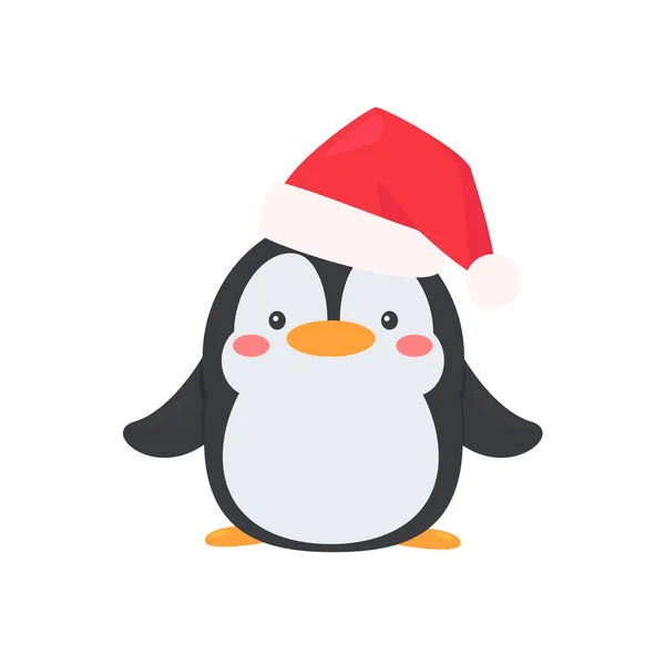 Cartoon Tučňák Sobě Červený Vánoční Klobouk Šťastný Zimě — Stockový vektor