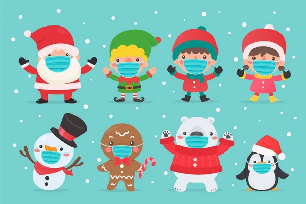 Père Noël Bonhomme Neige Enfants Personnages Portant Des Masques Hiver — Image vectorielle