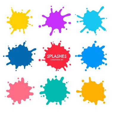 Renk sıçrama koleksiyonu. Renkli sıvı mürekkep damlalarının gölgeleri yere düştüğünde.