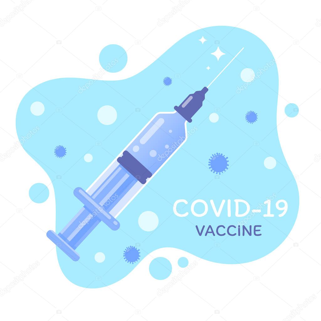 A nurse syringe vector containing a covid-19 vaccine. Shield concept against the spread of virus.