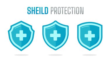 Ortasında artı işareti olan yeşil koruyucu kalkan. Virüsten korunma kavramı