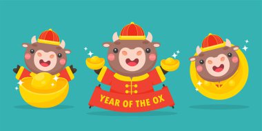 Mutlu Çin Yeni Yılı 2021. Karikatür İneği Yeni Yıl 'da kırmızı karşılama işareti taşıyor.