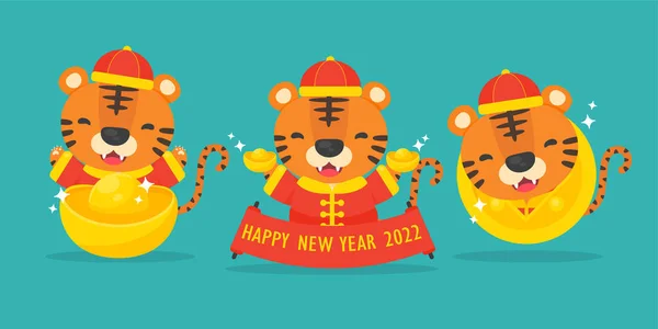 Frohes Chinesisches Neujahr 2022 Cartoon Tiger Mit Goldsegen Chinesisches Neujahr — Stockvektor