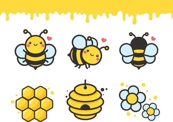 Mignon Abeille Dessin Animé Personnage Vecteur Hexagone Nid Abeille Fleur — Image vectorielle