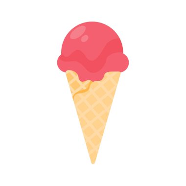 Vektör dondurma. Meyve ve waffle külahından yapılmış tatlı dondurma. Yazın ferahlatıcı.