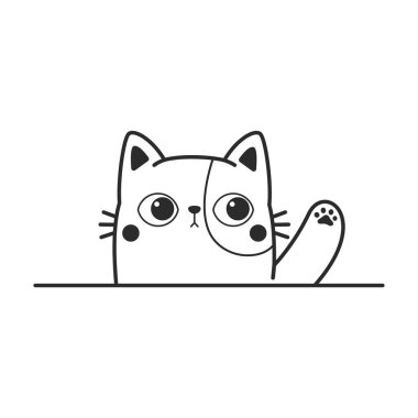 Duvara el sallayan siyah kedinin vektör karikatürü şirin kedi çizgisi çiziyor..