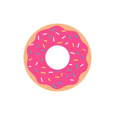 Vektör Pembe Donut Çilek Lezzeti Isırılmış Kabuğu üzerine serpin. Beyaz arkaplanda izole
