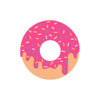 Vektör Pembe Donut Çilek Lezzeti Isırılmış Kabuğu üzerine serpin. Beyaz arkaplanda izole