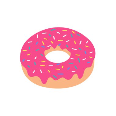 Vektör Pembe Donut Çilek Lezzeti Isırılmış Kabuğu üzerine serpin. Beyaz arkaplanda izole