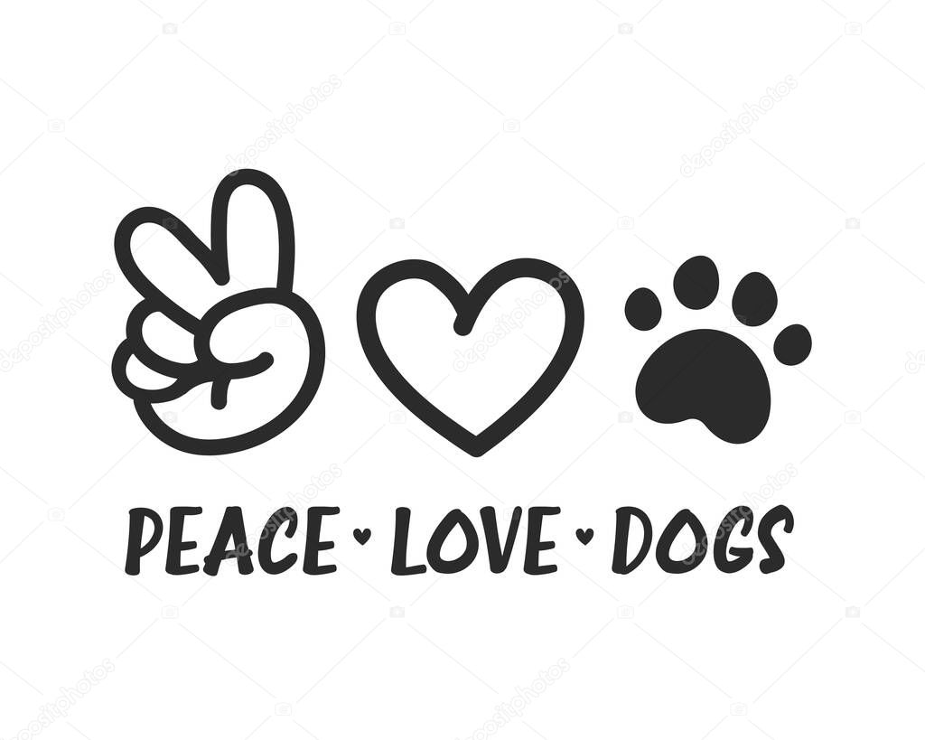 Peace love Dogs with hand drawn hearts and paws. Designs for dog lovers