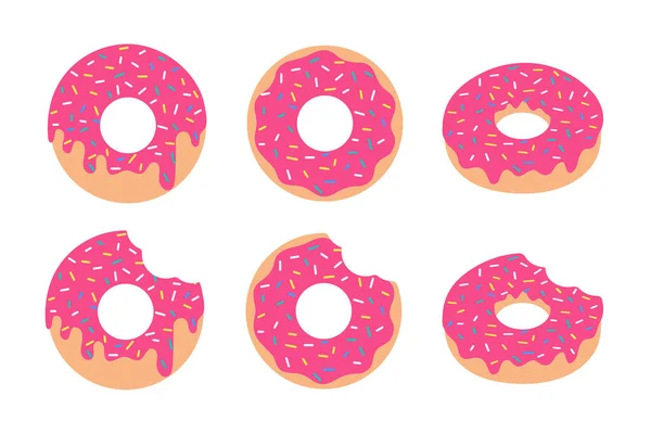 Vector Rosado Donut Fresa Sabor Mordido Espolvorear Corteza Parte Superior — Vector de stock