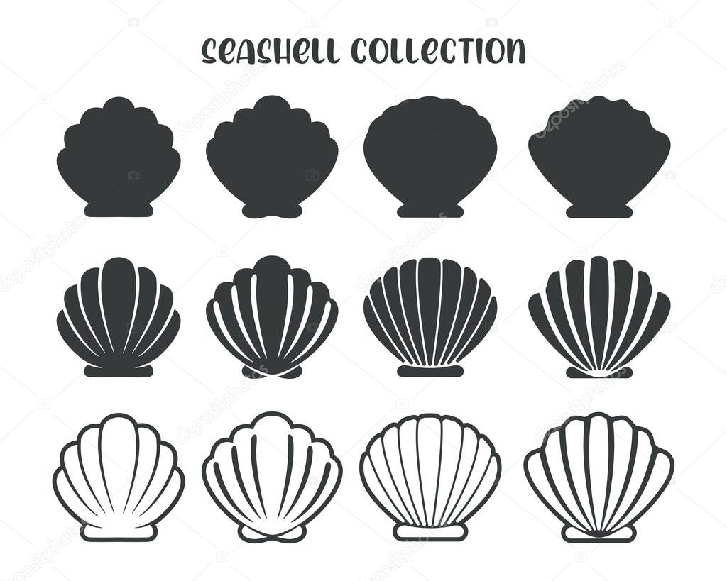 Sea Shell Vector Silhouette Isolated on white background.