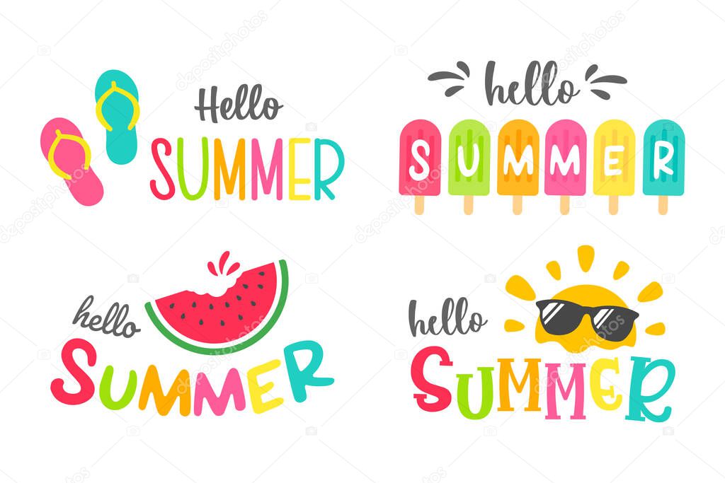 Hello summer label Decorated with ice cream Slippers and watermelon Isolated on white background.