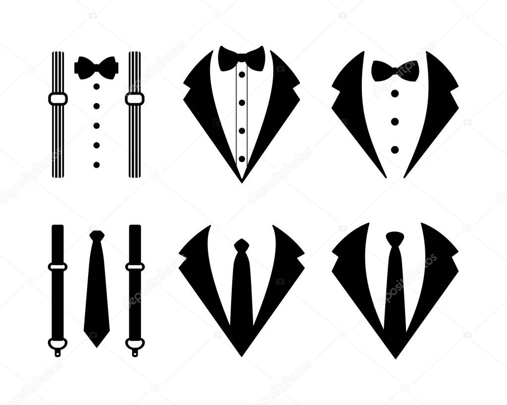 Tuxedo Icon. Wedding suits with bow tie and with necktie. isolate on white background.