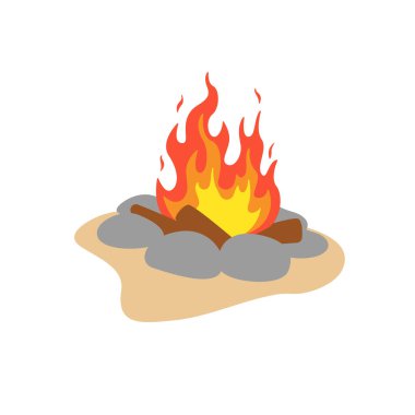 Vektör şenlik ateşi. Arka planda izole edilmiş yürüyüşçülerin gecesinde sosyalleşmek için kamp ateşi yakıyorum.