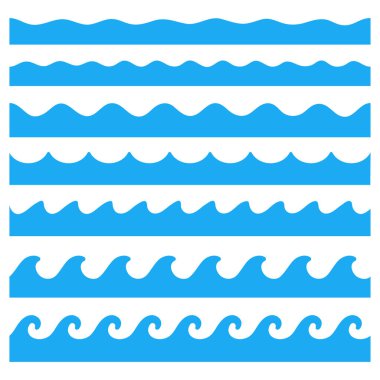 Su dalgası vektörü. Beyaz arka planda izole edilmiş göllerde ve okyanuslarda sallanan dalgalar