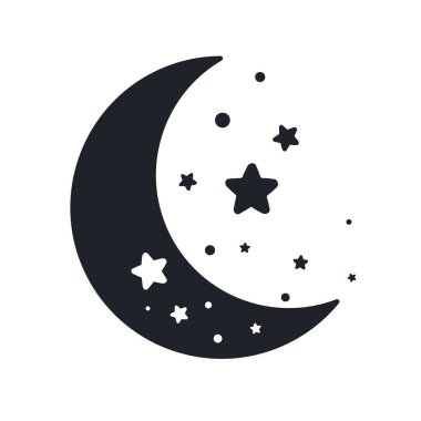 Hilal ayın vektör silueti ve gece gökyüzündeki yıldızlar arka planda izole edilmiş.