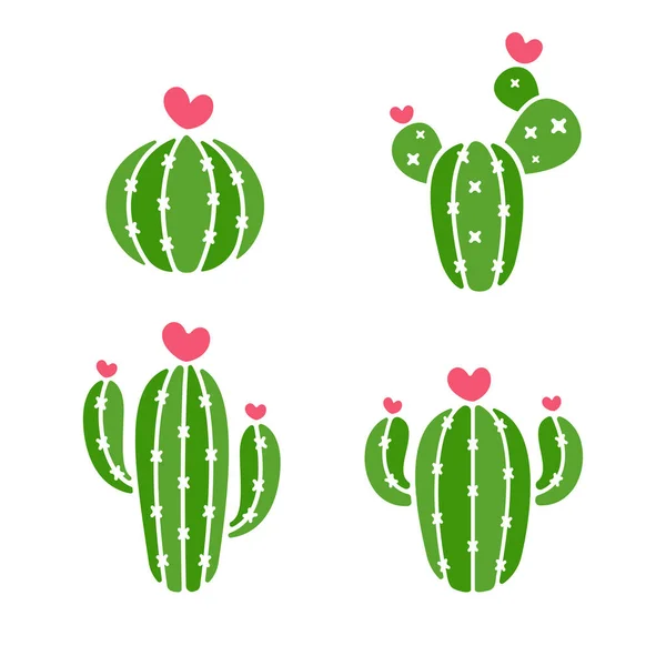 Wektor Kaktusa Różnorodność Kaktusów Które Kwitną Różowe Serca Izolacja Białym — Wektor stockowy
