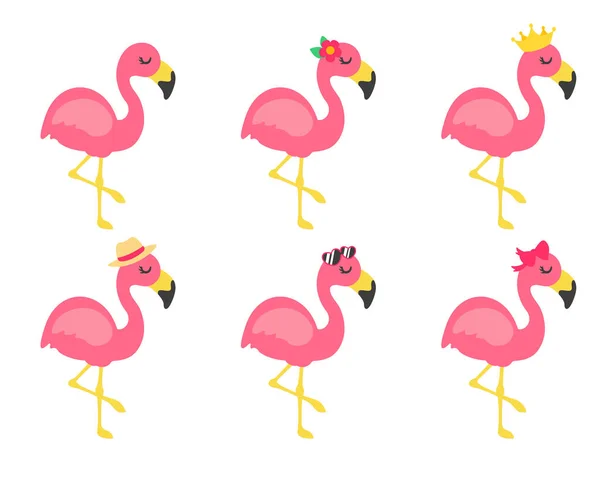 Vector Flamingos Desenhos Animados Acessórios Flores Óculos Arcos Chapéus Ótimo — Vetor de Stock