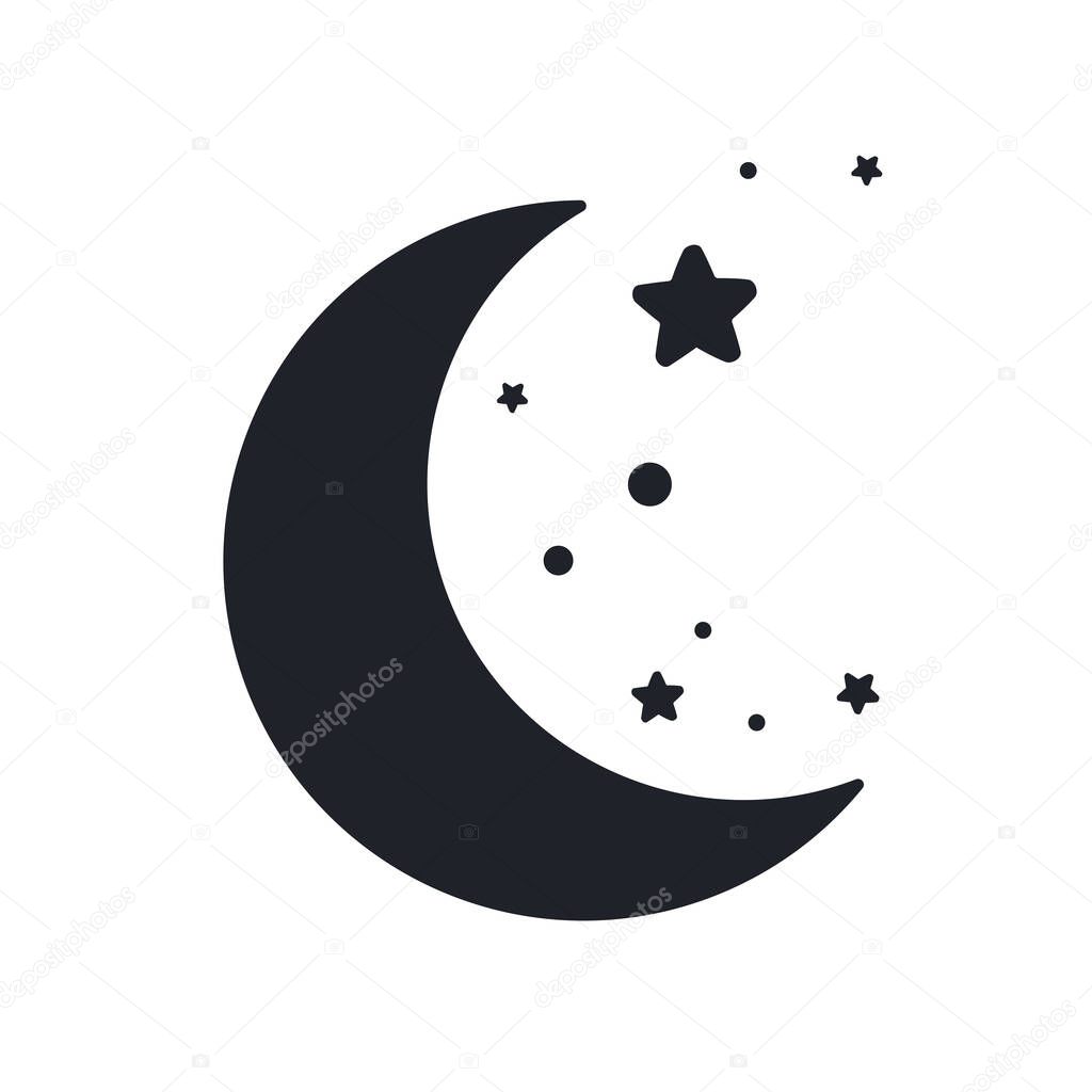 Vector silhouette of the crescent moon and stars in the night sky Isolated on background