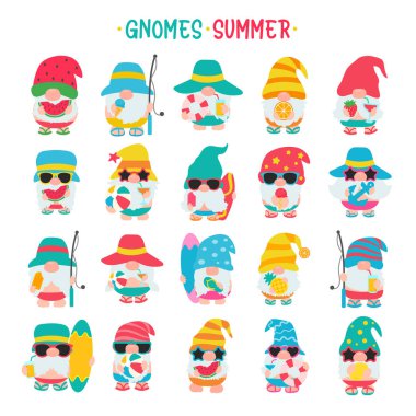 Gnomes Summer. Gnomes wear hats and sunglasses for summer trips to the beach. clipart