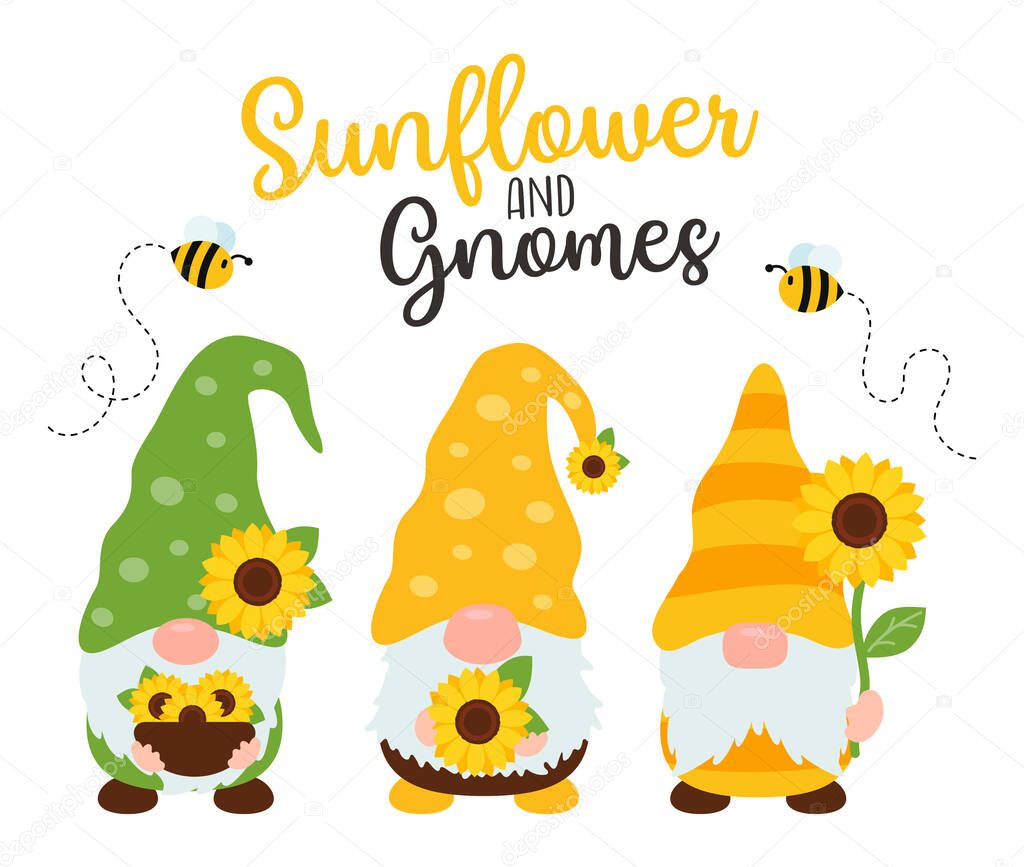 Sunflower gnomes. Vector gnomes wearing bees holding sunflowers.