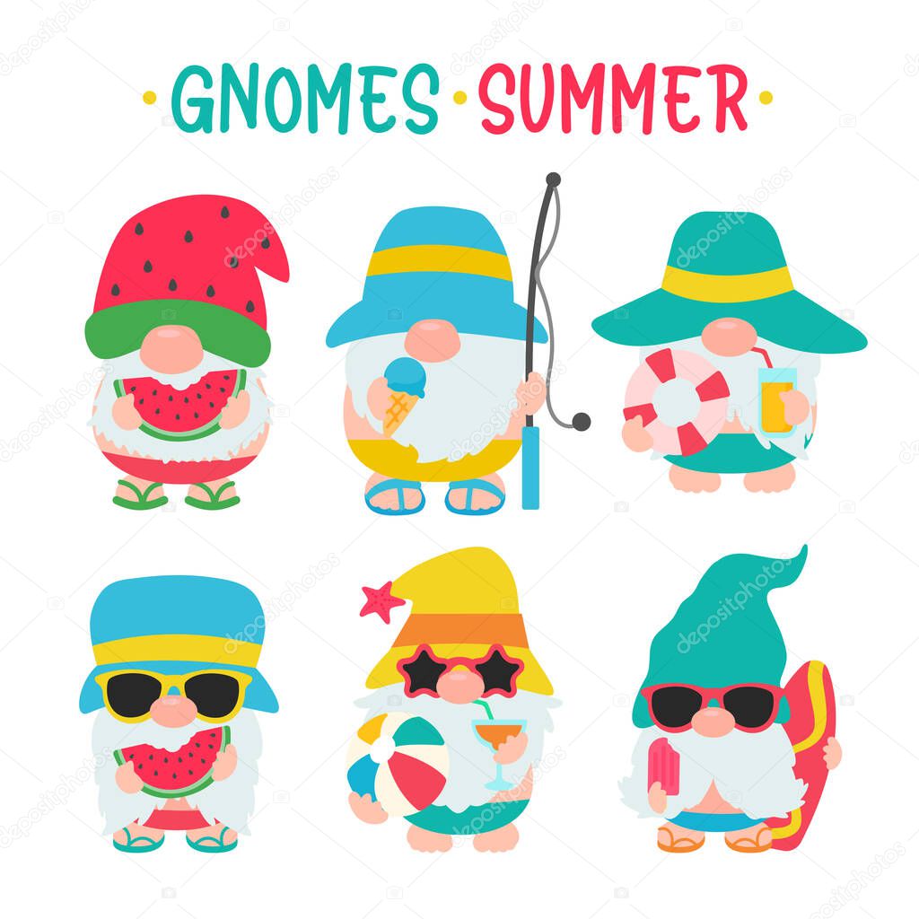 Gnomes Summer. Gnomes wear hats and sunglasses for summer trips to the beach.