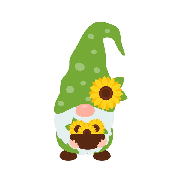 Sunflower Gnomes Vector Gnomes Wearing Bees Holding Sunflowers — Stock Vector