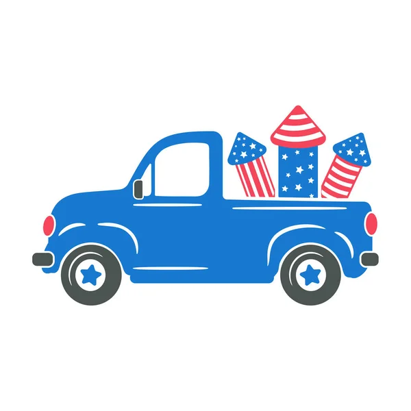 7月4日独立日 一辆运载火箭向美国国旗放烟火的卡车 — 图库矢量图片
