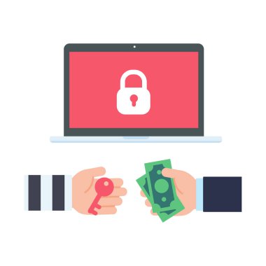 Kırmızı ekranlı bilgisayar. Fidye bilgisayar virüsü konsepti.