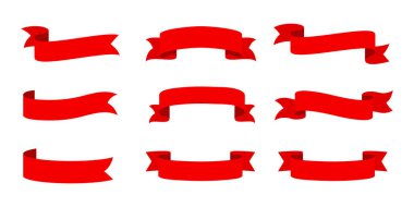 Vektör kırmızı kurdele pankartı hazır. Terfi için düz kırmızı kurdele, ürün satışlarında indirim etiketi.