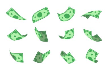 Jack Port money. dollar bills falling from above Isolated objects on a white background.