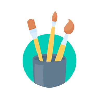 Sanatçının yaratıcılığından sanat yaratmak için fırça başlıkları ve boya kovaları..