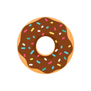 Donut vektörü. Lezzetli çikolatayla kaplı renkli delikleri olan yuvarlak çörekler..