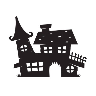 Hayalet ev vektörü. Cadılar Bayramı kartlarını süslemek için hayalet kale silueti