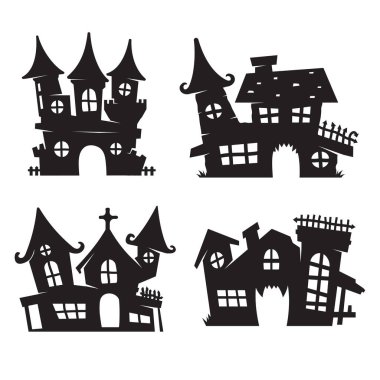 Hayalet ev vektörü. Cadılar Bayramı kartlarını süslemek için hayalet kale silueti