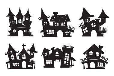 Hayalet ev vektörü. Cadılar Bayramı kartlarını süslemek için hayalet kale silueti