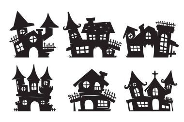 Hayalet ev vektörü. Cadılar Bayramı kartlarını süslemek için hayalet kale silueti