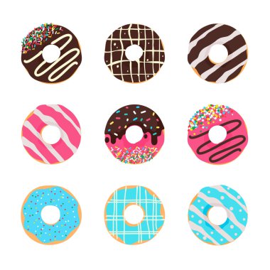 Donut vektörü. Lezzetli çikolatayla kaplı renkli delikleri olan yuvarlak çörekler..